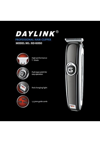 Güçlendirilmiş T Bıçaklı Daylink RD-6050 Turbo Güçlü Saç Sakal Tıraş Makinesi