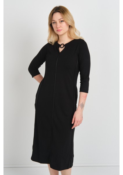 Kadın Yaka Detaylı Reglan Kol Elbise 23822 Siyah