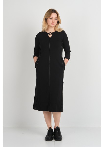 Kadın Yaka Detaylı Reglan Kol Elbise 23822 Siyah