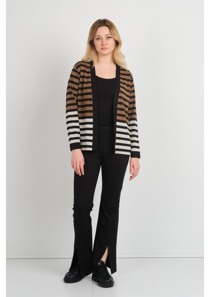 Kadın Çizgili Düğmesiz Ceket 24908 Vizon