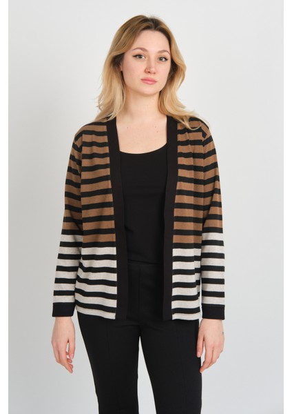 Kadın Çizgili Düğmesiz Ceket 24908 Vizon fiyatları