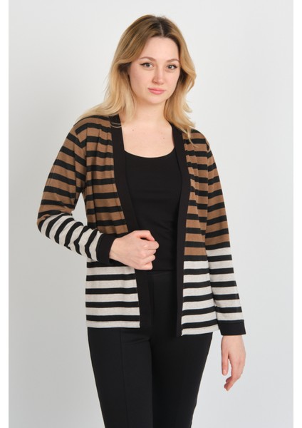 Kadın Çizgili Düğmesiz Ceket 24908 Vizon modelleri