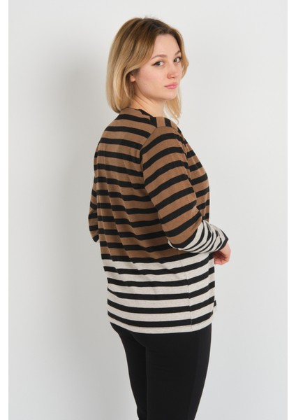 Kadın Çizgili Düğmesiz Ceket 24908 Vizon fırsatları