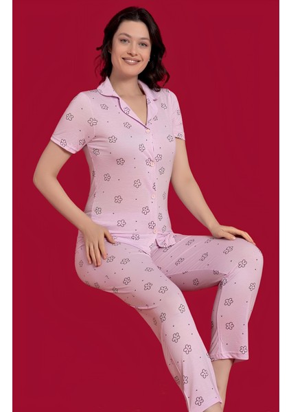 Kadın Çicek Desenli Kısa Kollu Önden Düğmeli Pijama Takım - 5362 - Mria Md