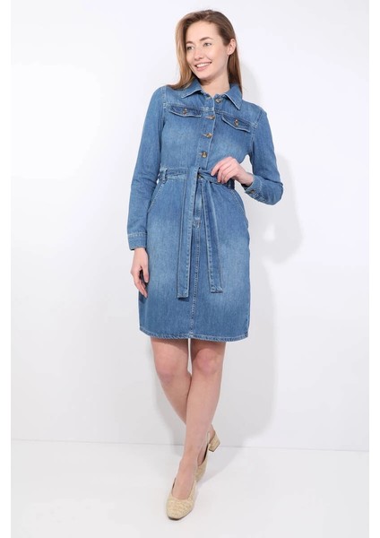 Kadın Mavi Blue White Kemerli Uzun Kollu Jean Elbise