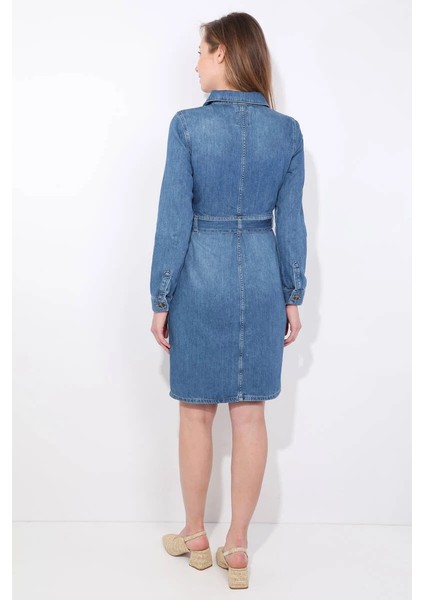 Kadın Mavi Blue White Kemerli Uzun Kollu Jean Elbise fırsatları