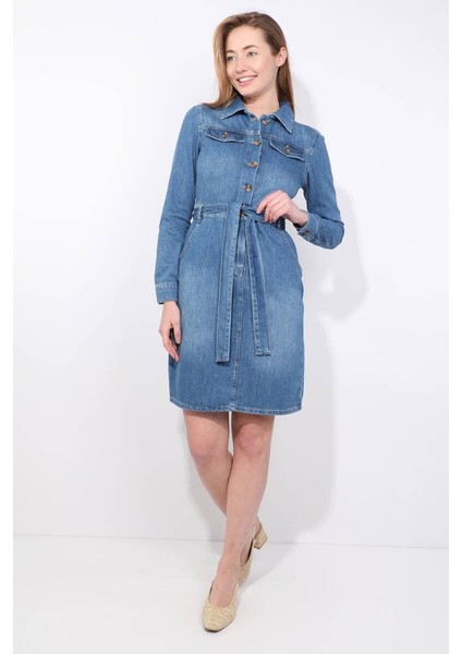 Kadın Mavi Blue White Kemerli Uzun Kollu Jean Elbise
