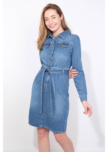 Kadın Mavi Blue White Kemerli Uzun Kollu Jean Elbise