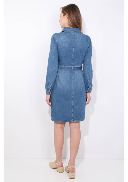 Kadın Mavi Blue White Kemerli Uzun Kollu Jean Elbise