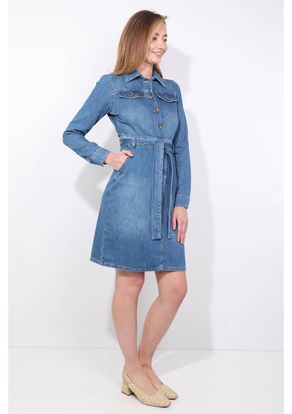 Kadın Mavi Blue White Kemerli Uzun Kollu Jean Elbise