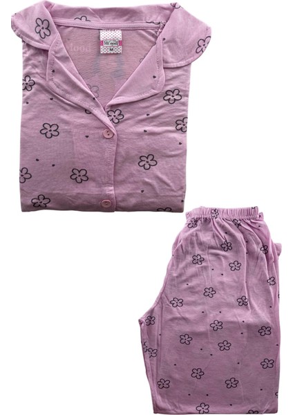 Kadın Çicek Desenli Kısa Kollu Önden Düğmeli Pijama Takım - 5362 - Mria Md