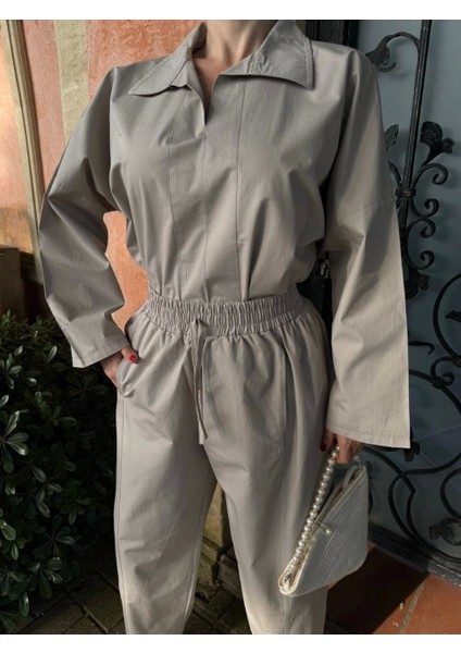 Kadın Uzun Kollu Yakalı Gömlek Pantalon Takım- Gri