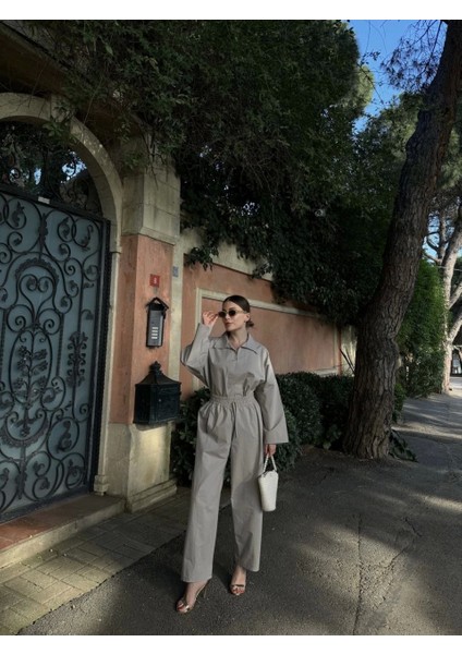 Kadın Uzun Kollu Yakalı Gömlek Pantalon Takım- Gri