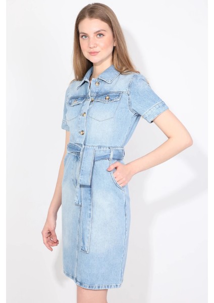 Kadın Iki Cepli Açık Mavi Jean Elbise Kemerli Regular Fit