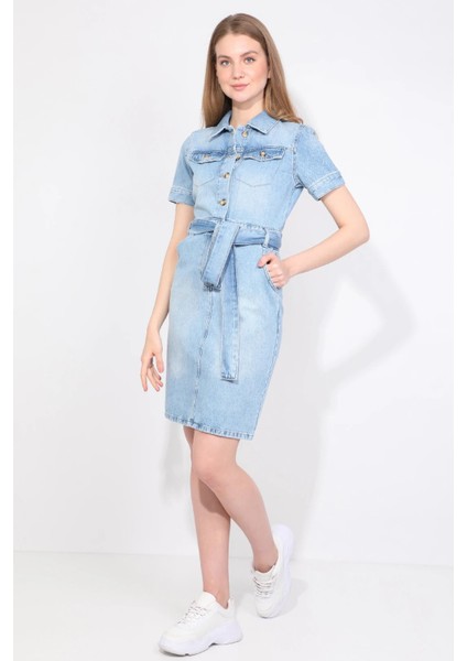 Kadın Iki Cepli Açık Mavi Jean Elbise Kemerli Regular Fit