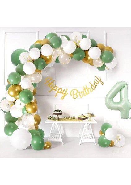 Adaçayı Yeşili Rakam Folyolu Soğum Günü Yaş Balon Zincir Doğum Günü Parti Seti Süsü
