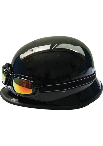 Motosiklet ve Bisiklet Yarım Kask Retro Gözlüklü Chopper Cruiser Kaskı Parlak Siyah