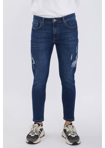 Erkek Lacivert Bilek Boy Yırtık Skinny Fit Jean Pantolon fiyatları