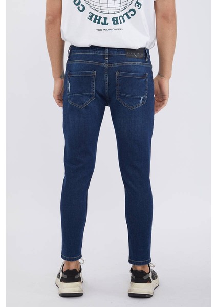 Erkek Lacivert Bilek Boy Yırtık Skinny Fit Jean Pantolon fırsatları