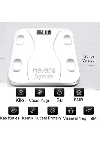 Beyaz Yağ Ölçer Fonksiyonlu Baskül Akıllı Bluetooth Tartı - Uygulama App Ios Android Tartı