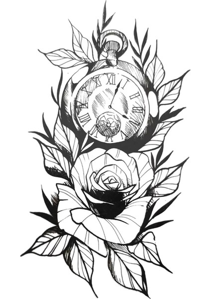 Gül ve Saat Figürlü Geçici Mini Dövme Tattoo