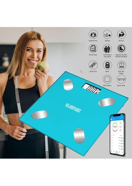 Yağ Ölçer Fonksiyonlu Akıllı Bluetooth Tartı Baskül Vücut Analizli