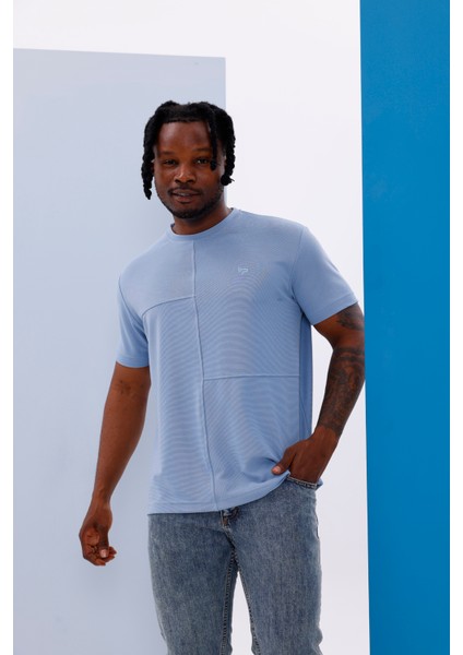 Erkek Mavi Bisiklet Yaka Normal ve Battal Beden T-Shirt - 172
