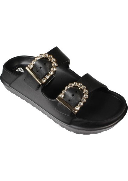 Yazkış Kadın Beyaz Siyah Bej Taşlı Tokalı Çift Bantlı Pvc Deniz Havuz Plaj Bahçe Gündelikterlik