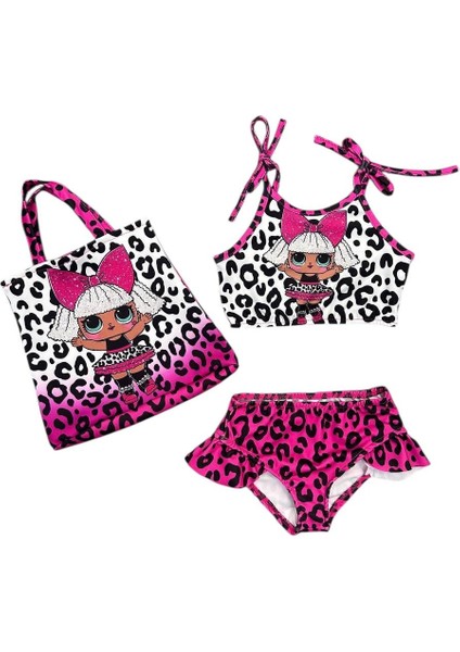 Kız Çocuk Pembe-Beyaz Renk Bebek Baskılı Çantalı Bikini Takımı
