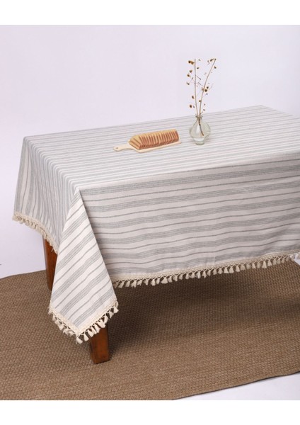 Keten Gri Antrasit Çizgili Ponponlu Masa Örtüsü