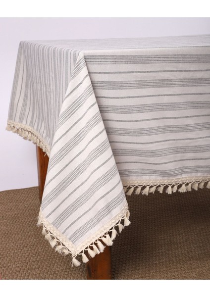 Keten Gri Antrasit Çizgili Ponponlu Masa Örtüsü fiyatları