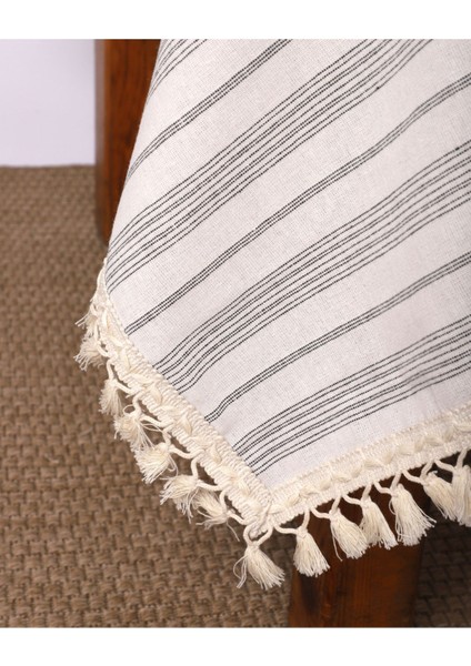 Keten Gri Antrasit Çizgili Ponponlu Masa Örtüsü modelleri