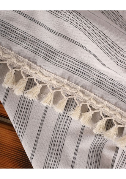 Keten Gri Antrasit Çizgili Ponponlu Masa Örtüsü fırsatları