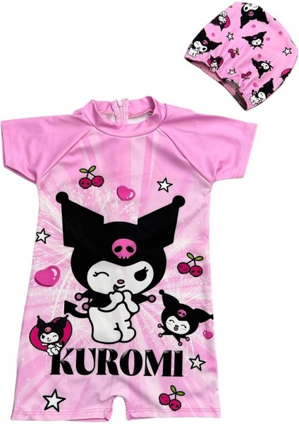 Kız Çocuk Pembe Renk Kuromi Desenli Tulum Mayo