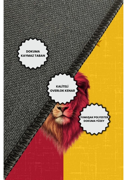 Aslan Desenli Sarı Kırmızı Taraftar Halısı Dijital Baskılı Dokuma Kaymaz Tabanlı Yıkanabilir Oturma Odası Halısı