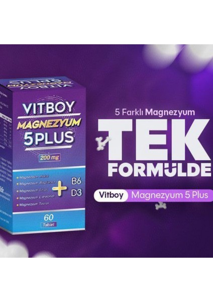 Magnezyum 5 Plus 60 Tablet 200 mg Malat-Bisglisinat-Sitrat-L-Treonat-Taurat-B6-D3