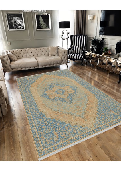 Mavi Bej Klasik Halı – Soft Renkli Vintage Tasarım | Kaymaz, Yıkanabilir, Evcil ve Bebek Dostu