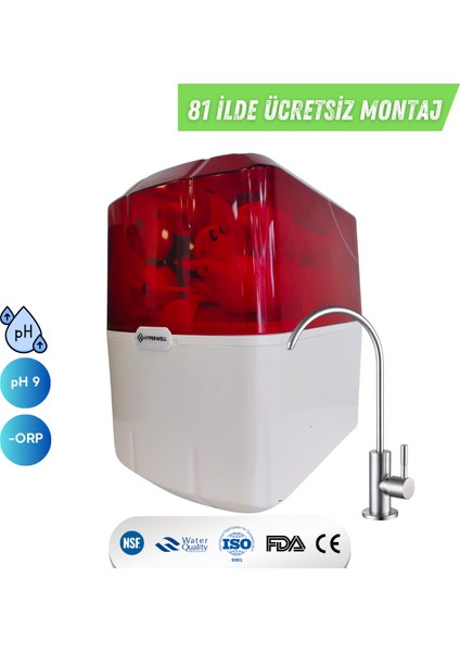 Premium Alkali ve Mineralli Pompalı Su Arıtma Cihazı - Kırmızı