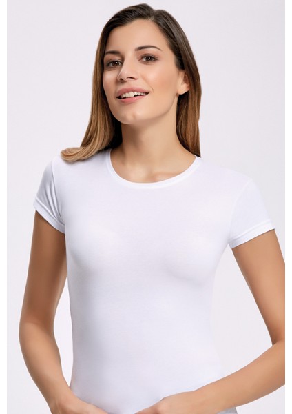 Likralı Yuvarlak Yaka Kadın T-shirt Beyaz