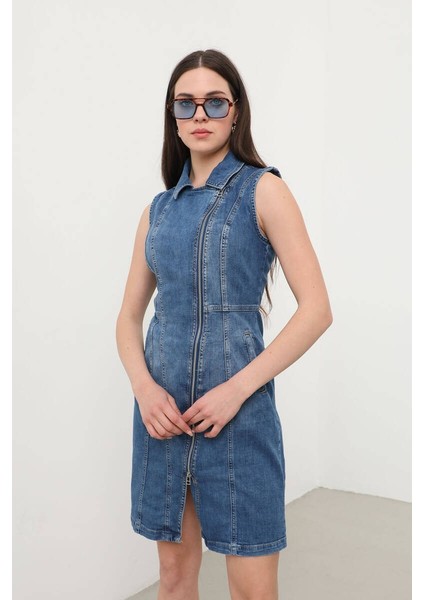 Kadın Fermuarlı Jean Elbise
