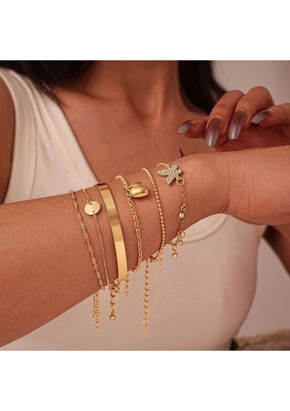 Elva 6 Adet Zincir Kalp Detaylı Gold Bileklik