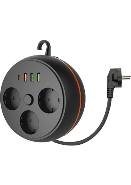 BUFFER® 3 Adet Soket,3 Adet USB ve 1 Adet Type-C Girişli Termal Akım Korumalı Makaralı Priz 3395