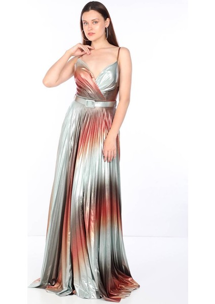 Kadın İnce Askılı Piliseli Parlak Abiye Renkli