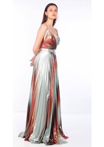 Kadın İnce Askılı Piliseli Parlak Abiye Renkli fiyatları