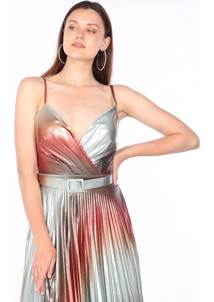 Kadın İnce Askılı Piliseli Parlak Abiye Renkli fırsatları