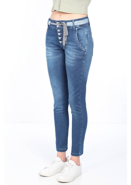 Kadın Belden Bağlamalı Jean Pantolon Mavi fiyatları
