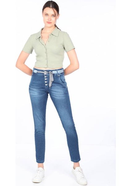 Kadın Belden Bağlamalı Jean Pantolon Mavi fırsatları