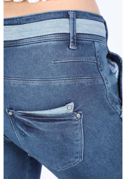 Kadın Belden Bağlamalı Jean Pantolon Mavi indirimleri