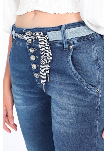 Kadın Belden Bağlamalı Jean Pantolon Mavi