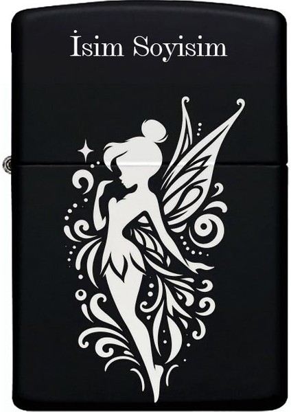 Peri Desenli Kişiye Özel Isimli Benzinli Siyah Metal Çakmak MP26